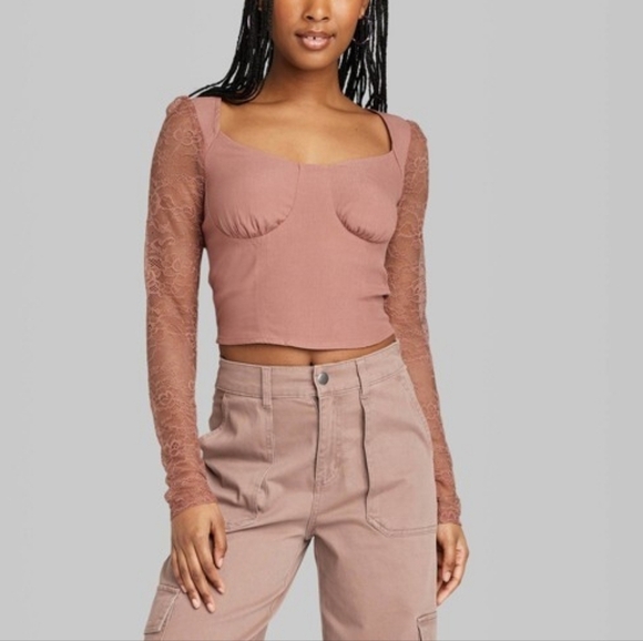 NWT Wild Fable Women' Long Sleeve Lace Bustier Top in Mauve  XXL - Picture 2 of 8
